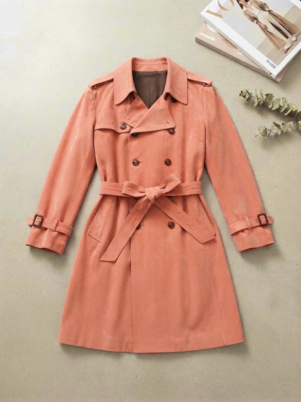 Vintage Silver Cloud Coral Suede-Like Wool Trenchcoat